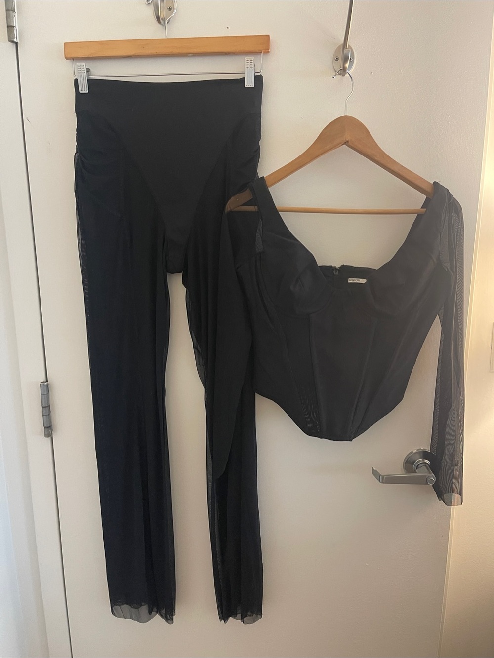 Black Women's High-Waist Mesh Panel Pants & Corset Top Set